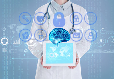 Double exposure of doctor with tablet and artificial intelligence model. Machine learning concept