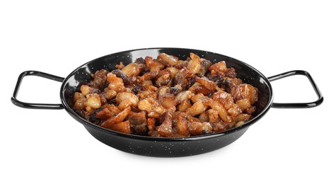 Photo of Tasty cracklings in frying pan isolated on white. Cooked pork lard