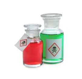 Apothecary bottles with poison on white background