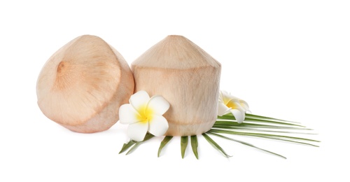 Young peeled coconuts with palm leaf and beautiful flowers on white background