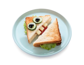 Cute monster sandwich on white background. Halloween party food