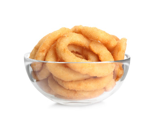 Delicious onion rings in bowl isolated on white