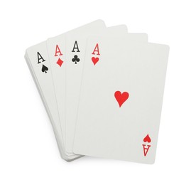 Photo of Four aces playing cards isolated on white, top view. Poker game