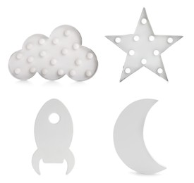 Image of Set with different cute child's night lamps on white background 