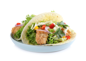 Yummy fish tacos with lettuce isolated on white
