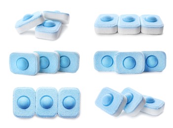 Image of Set with water softener tablets on white background.