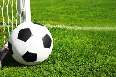 Soccer ball near net on green football field grass. Space for text