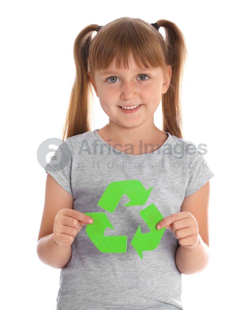 Little girl with recycling symbol on white background