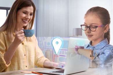 Control kid's geolocation via smart watch. Mother and daughter with gadgets, creative design