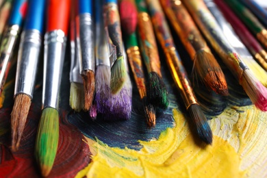 Different paint brushes on color palette, closeup