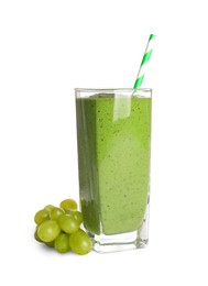 Photo of Glass of detox smoothie and grapes on white background