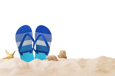 Striped flip flops, starfish and sea shells on sand against white background