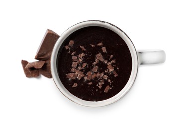 Yummy hot chocolate in cup on white background, top view