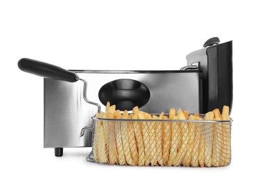 Photo of Modern deep fryer and metal basket with french fries on white background