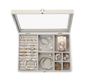 Elegant jewelry box with beautiful bijouterie isolated on white, top view