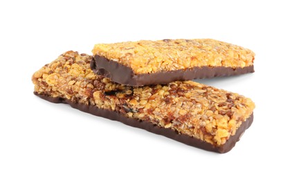 Granola bars with chocolate on white background. High protein snack