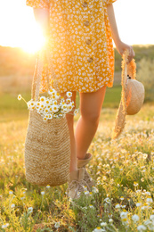 Woman with straw hat and handbag full of chamomiles walking in meadow, closeup