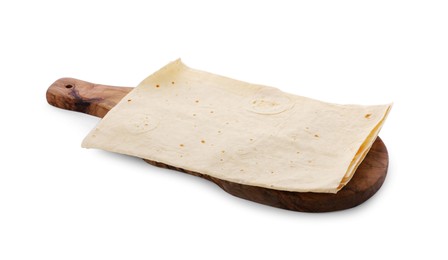 Photo of Wooden board with delicious Armenian lavash on white background