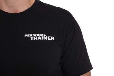 Personal trainer in uniform on white background, closeup. Gym instructor