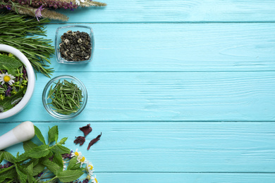 Flat lay composition with healing herbs on light blue wooden table. Space for text