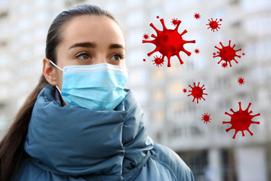 Woman wearing medical mask outdoors. Dangerous virus