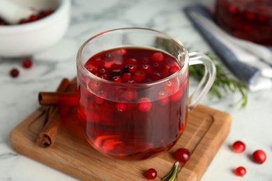 Tasty hot cranberry tea and fresh ingredients on white table