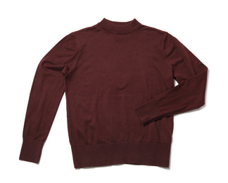 Stylish dark red sweater isolated on white, top view