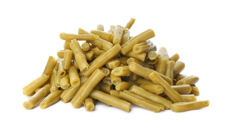 Pile of canned green beans on white background