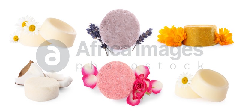 Set with solid shampoo bars on white background, banner design. Hair care