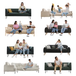 People resting on different stylish sofas against white background, collage 