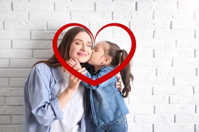 Illustration of red heart and happy mother with little daughter near white brick wall