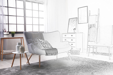 Contemporary living room with cozy sofa. Illustrated interior design