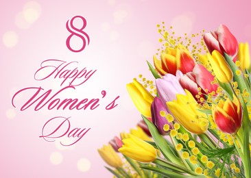 Image of Happy Women's Day. Beautiful bouquet with spring flowers on pink background