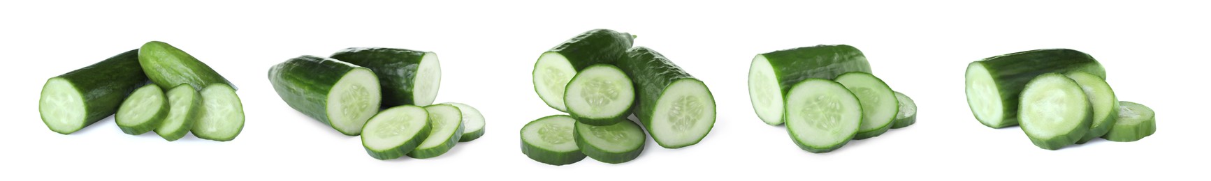 Set with cut ripe cucumbers on white background. Banner design