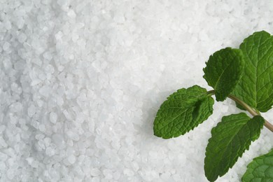 Natural sea salt and mint as background, top view