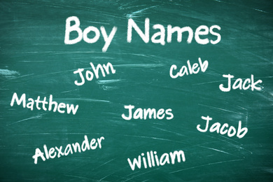 Different baby names written on green chalkboard 