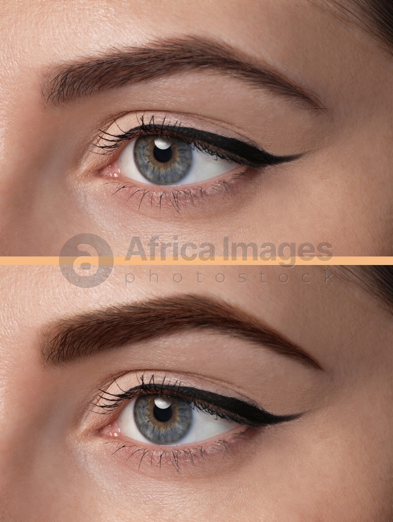 Collage with photos of woman before and after eyebrows dyeing with henna, closeup