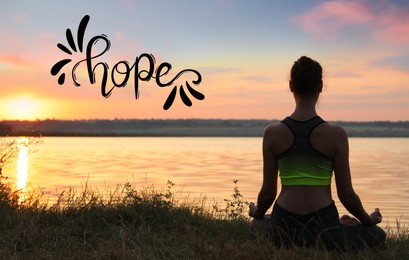 Concept of hope. Woman meditating near sea at sunset, back view