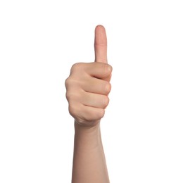 Woman showing thumb up on white background, closeup