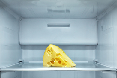 Piece of cheese on shelf in refrigerator