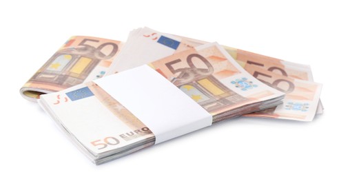 50 Euro banknotes on white background. Money exchange