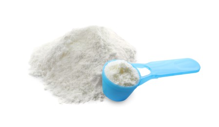 Powdered infant formula and scoop  on white background. Baby milk