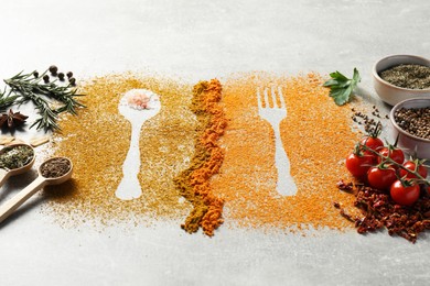 Photo of Different spices and silhouettes of cutlery on light grey table