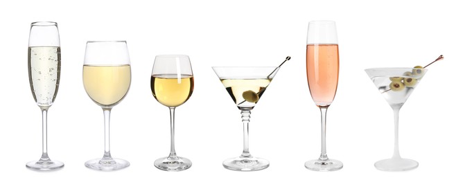 Image of Set with different wines and cocktails in glasses on white background