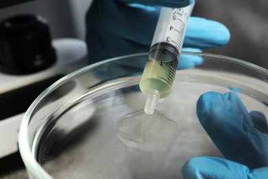 Doctor dripping urine from syringe into petri dish, closeup