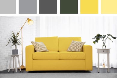 Color of the year 2021. Stylish room interior with yellow sofa