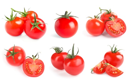 Set of ripe red tomatoes on white background