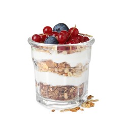 Delicious yogurt parfait with fresh berries on white background