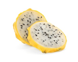 Delicious cut yellow pitahaya fruit on white background