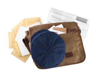 Brown postman bag with mails, newspapers and hat on white background, top view